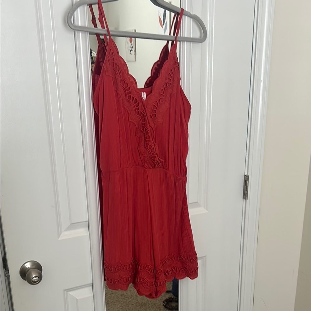 Coral Lace Trim Romper